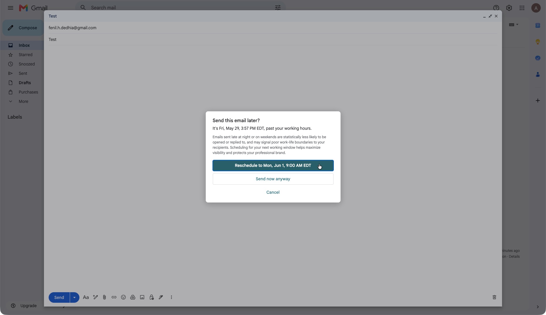 The working-hours soft-warning modal that appears on a regular send going out after hours, offering three choices: send anyway, reschedule to working hours, or cancel.