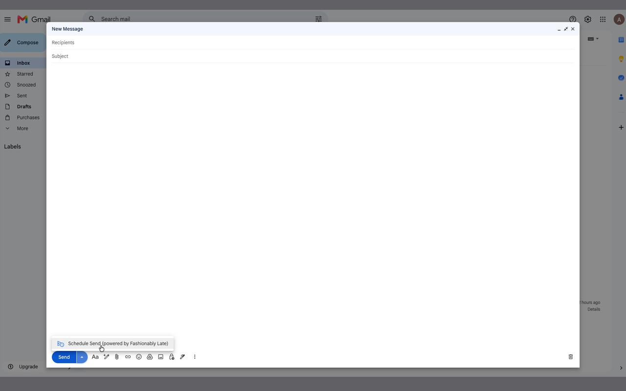 Gmail's Schedule send modal, enhanced by Fashionably Late, sitting inside the standard Gmail compose window.
