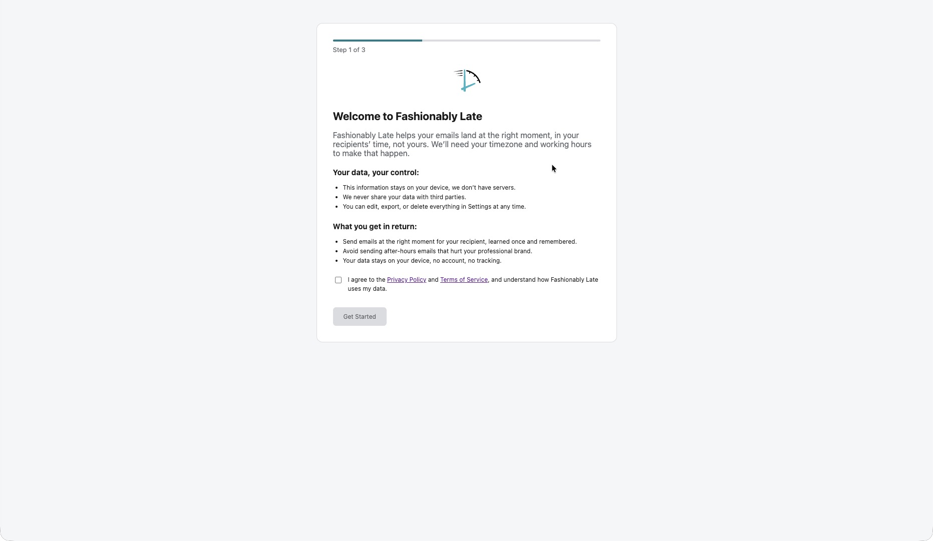 Fashionably Late's onboarding Welcome screen, with the brand symbol, a plain-language privacy summary, and the consent checkbox.