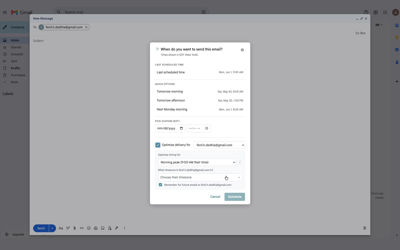 Fashionably Late's enhanced Schedule send modal open in Gmail, showing time zone aware send-time suggestions for a selected recipient.