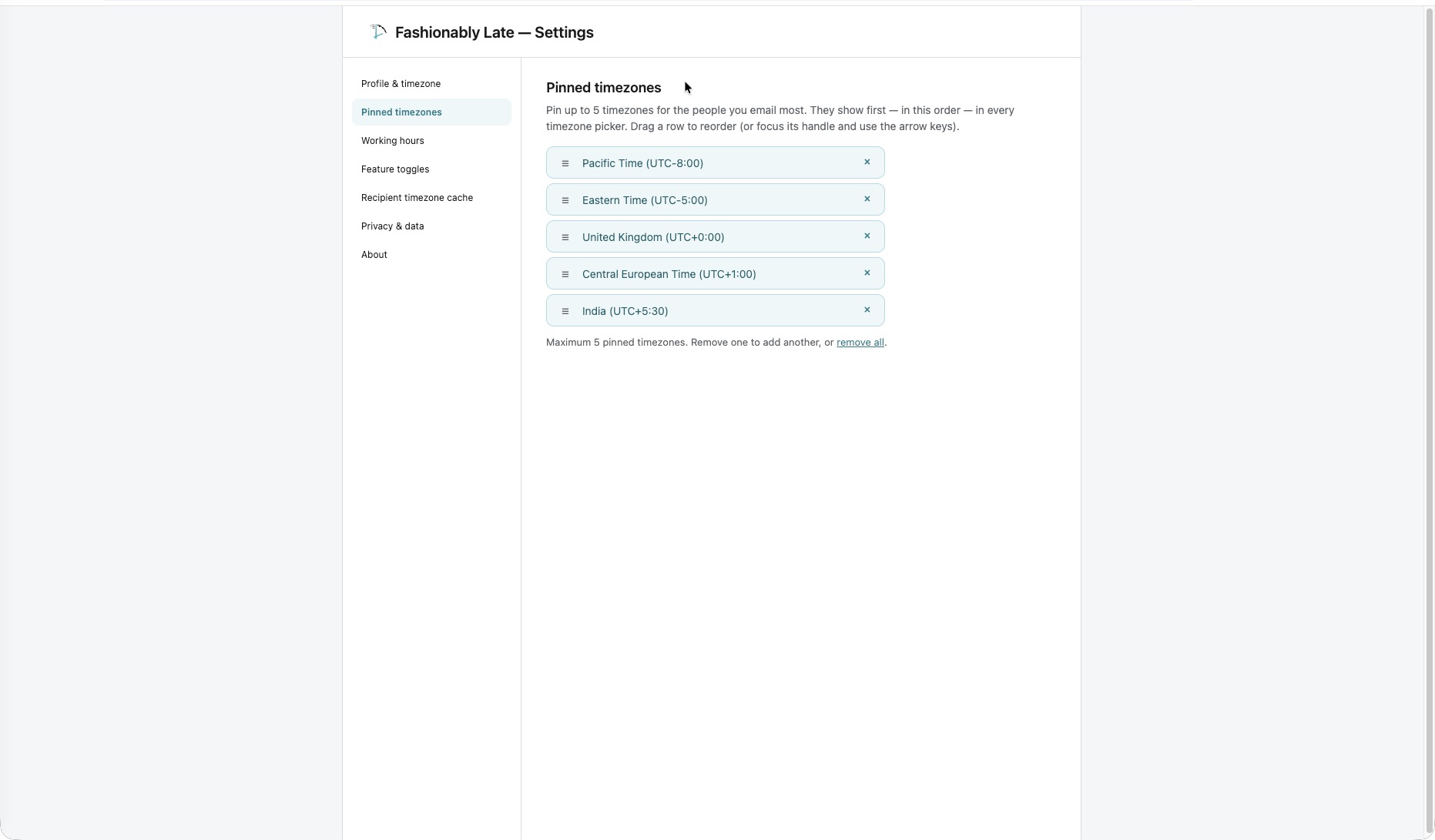 The Settings page open on Pinned Timezones, showing pinned time zones at the top of a searchable, plain-language time zone list.