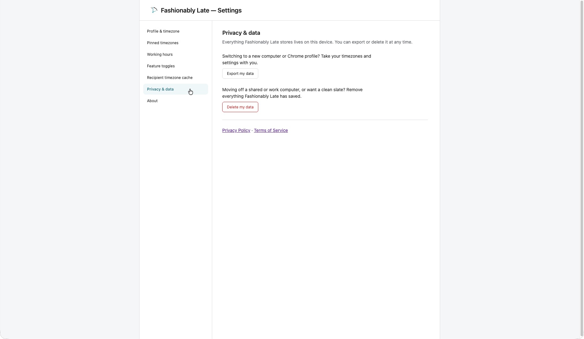The Privacy & Data section of Settings, showing on-device Export and Delete controls.