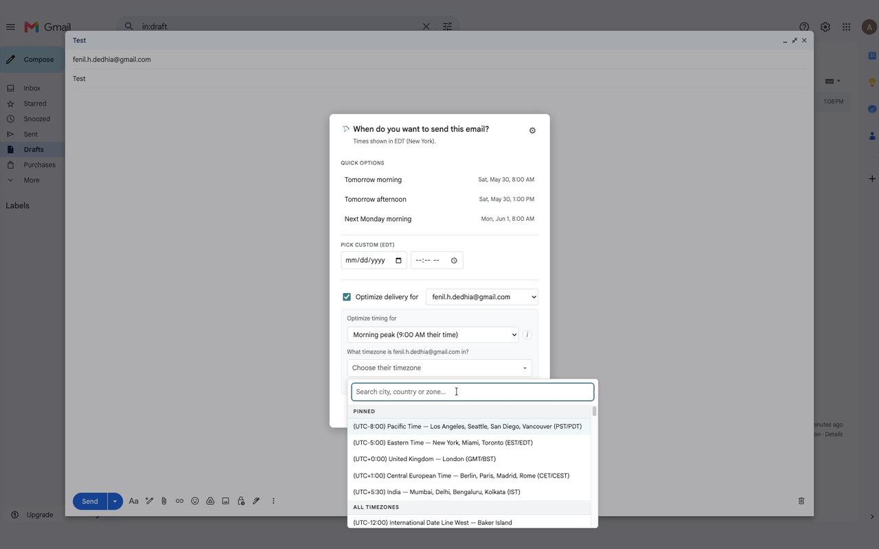 The Schedule send modal with the Optimize-for-recipient section open, a recipient selected, and morning and midday send times shown in the recipient's time zone.
